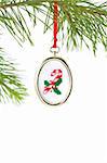 Gold framed candy cane needlepoint Christmas tree ornament