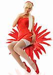 pretty blond pin up in red dress and white stockings taking pose