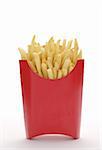 French fries in a red box over white background