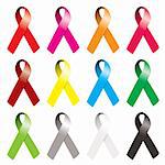 Collection of awareness ribbons in many various colors with curl