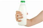 Human hand holding bottle of milk isolated on white