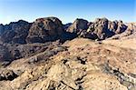 Panorama from High Place in Petra, Jordan. View to the temple Qasr Al-Bint. Nabataeans capital city (Al Khazneh). Made by digging the rocks. Roman Empire period.