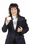 Business woman holding one blank card over a white background