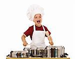 Happy chef shouting and banging the cooking pots with wooden spoons - isolated