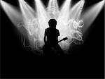 Black silhouette of the musician which plays on a scene