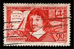 vintage french stamp depicting Rene Descartes a famous mathematician and philosopher dubbed the father of modern philosophy his famous quote is, i think therefore i am