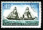 vintage French stamp depicting an old sailing ship delivering the mail