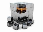 3d illustration of cube built from blocks with golden block inside