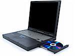 A black laptop with dvd in tray. Isolated over white background.