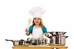 Little girl chef banging the beat on the cooking pots - isolated