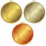 Collection of gold, silver and bronze medals on white background