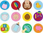 set of icon illustrations of baby items and toys