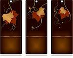3 elegant tags with red golden autumn leaves and swirls on dark background. Use of blends, linear gradients, global colors.