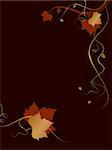 Vertical dark abstract background with red golden autumn leaves and swirls at the bottom and the right hand side and space for your text. Use of blends, linear gradients, global colors.