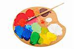 Paint brush on the palette with bright acrylic color