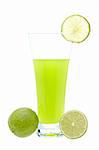 A glass of fresh lime juice with a slice on white background