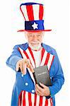 American icon Uncle Sam holding a bible and pointing at you.  Isolated on white.