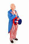 Uncle Sam standing at attention to recite the pledge of allegiance.  Full body isolated.