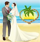 A tropical destination beach wedding illustration. A bride and groom newly wed on a tropical beach. Palm trees form a heart shape in the background with a sunset.
