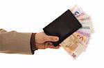 Hand holding a black wallet with many euro banknotes inside