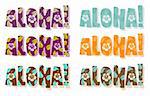 Vector illustration of aloha word in different colors, hand drawn text