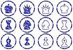 Chess icons set. Grunge. White - dark blue palette. Vector illustration.