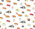 Verschiedene Arten von Sushi im ikonischen Stil Vektor hintergrund Illustration. Retro nahtlose Muster.