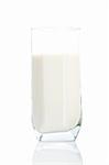 A glass of fresh milk reflected on white background