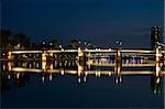 nightshot of frankfurt city including bridges and scyscrapers