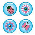 Four buttons for your design (flowers, ladybird, butterfly). Vector illustration.