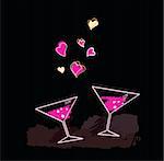 Romantic evening. Art Illustration of Wine glasses with hearts.