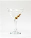 A vodka martini with three fresh olives inside.