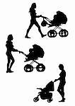 Vector drawing women with prams. Silhouette on white background