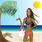 Ethnic Woman in a fashionable swimsuit with a beach scene.