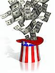 Illustration of money falling into Uncle Sam top hat