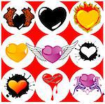 Nine Brand New Hearts, Wings and Fire. Vector Illustration.