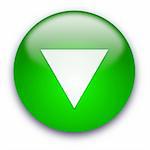 Green glossy button with white triangle turned down isolated over white background