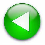 Green glossy button with white triangle turned left isolated over white background