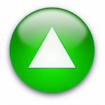 Green glossy button with white triangle turned up isolated over white background