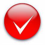 Red glossy button with a tick isolated over white background