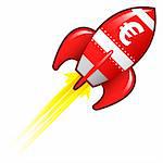 Euro currency symbol on red retro rocket ship illustration good for use as a button, in print materials, or in advertisements.