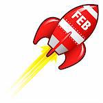 February month calendar icon on red retro rocket ship illustration good for use as a button, in print materials, or in advertisements.