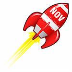 November month calendar icon on red retro rocket ship illustration good for use as a button, in print materials, or in advertisements.