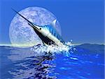 A blue marlin bursts from the ocean in a great splash.