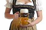 Bavarian Woman in Dirndl holds Beer stein in front of breast at Oktoberfest