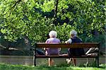 Aged couple enjoy spring morning on the bench near lake in the park