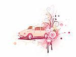 Vector illustration of old custom Volkswagen Beatle on the Grunge Floral Decorative background