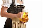 Close-up of a Bavarian Girl dressed with a Dirndl holding an Oktoberfest Beer Stein in her hand