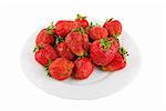 red ripe strawberries at plate isolated on white