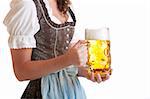 Close-up of a Bavarian Girl dressed with a traditional Dirndl cloth holding a full Oktoberfest Beer Stein in her hands